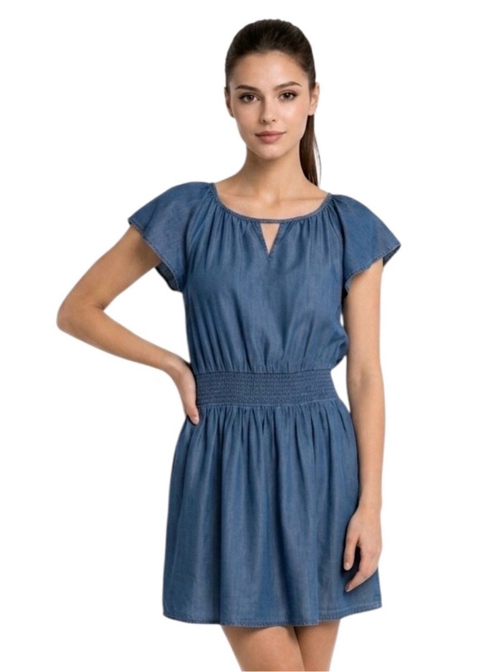 FRYE AND CO. Chambray Blue Smocked-Waist Mini Dress